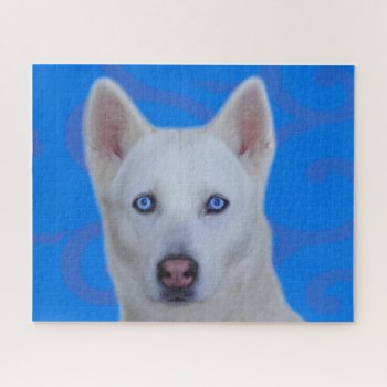 White Siberian Husky Jigsaw Puzzle (blue Bg) by usadesignstore at Zazzle