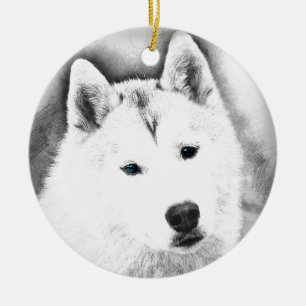 White Siberian Husky w/ Blue Eyes Fine Art Sketch Ceramic Ornament