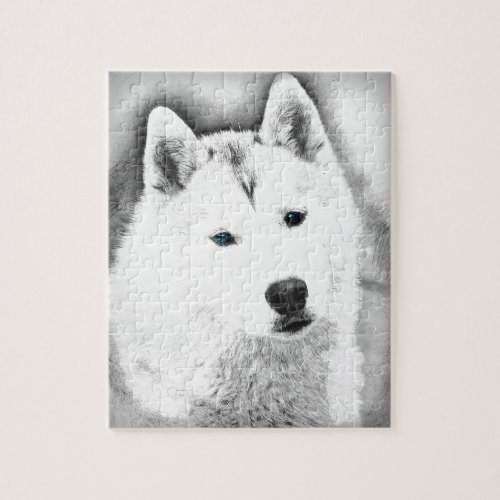 White Siberian Husky w Blue Eyes Fine Art Sketch Jigsaw Puzzle