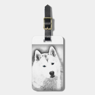 White Siberian Husky w/ Blue Eyes Fine Art Sketch Luggage Tag