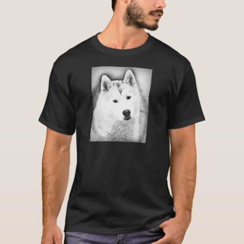 White Siberian Husky w Blue Eyes Fine Art Sketch T_Shirt