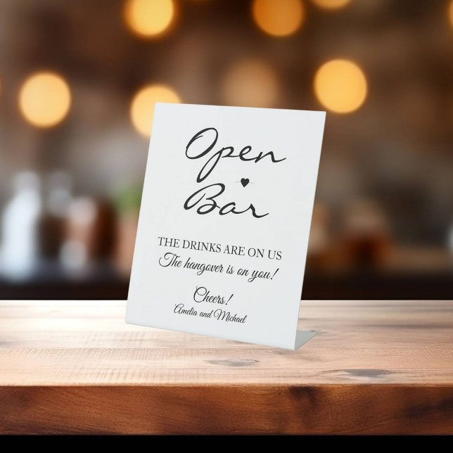 White Signature Script Open Bar Wedding Pedestal Sign (Creator Uploaded)