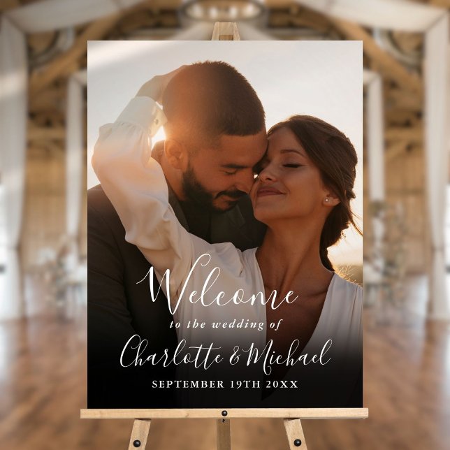 White Signature Script Photo Wedding Welcome Sign (White Signature Script Photo Wedding Welcome Sign)