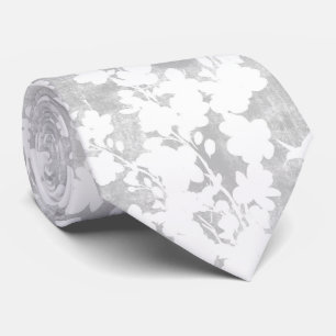white silhouette blossoms and hummingbird on grey neck tie