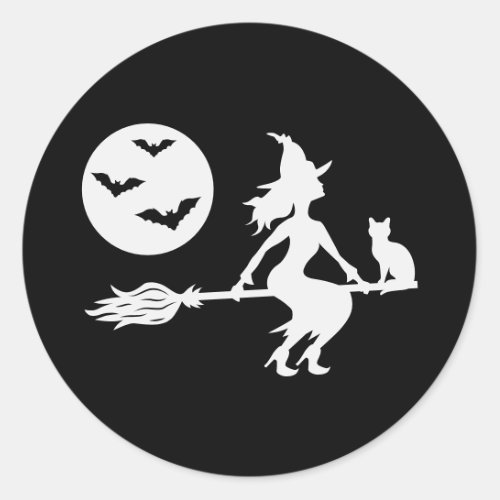 White Silhouette Of A Witch On A Broom Halloween Classic Round Sticker