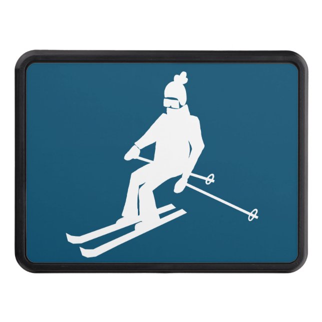 White Silhouette Skier Skiing Ski Blue  Hitch Cover (Front)