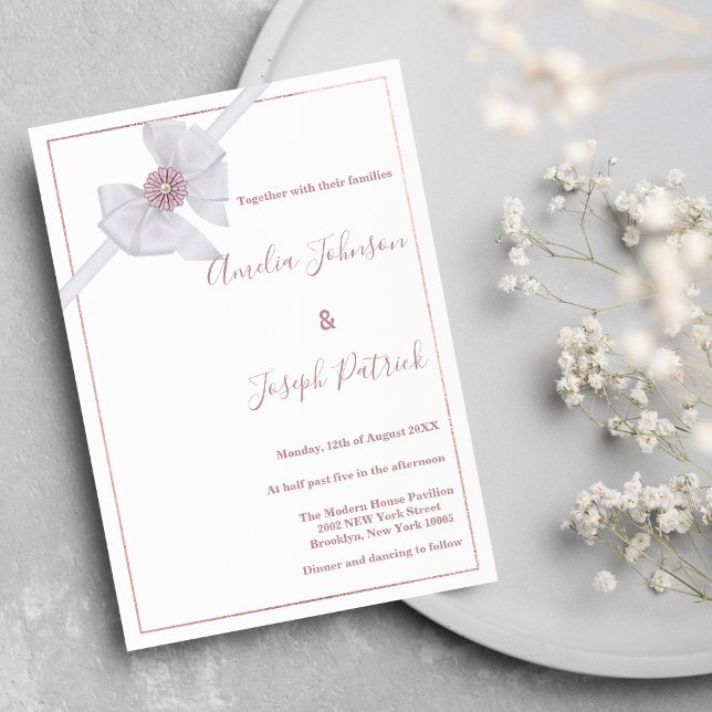  White silk bow pink flower wedding Invitation (White silk bow pink flower wedding)