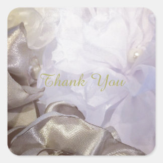 White Silk Floral Thank You Square Sticker