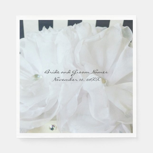 White Silk Flowers with Striped Background Paper Napkins (Front)