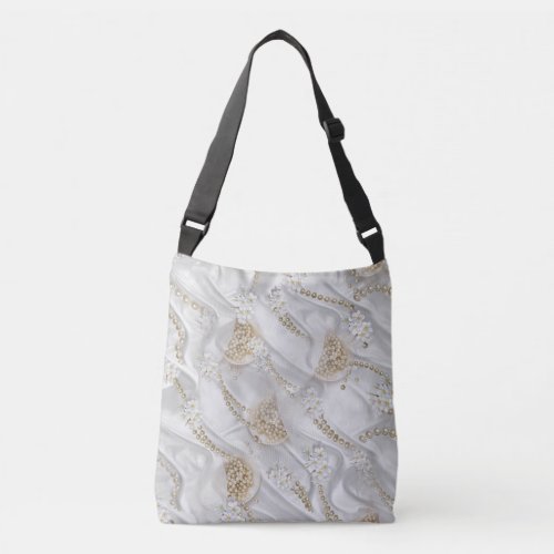 White Silk  Ivory Champaign Pearls Crossbody Bag