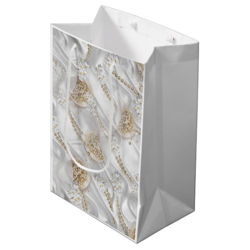 White Silk  Ivory Champaign Pearls Medium Gift Bag