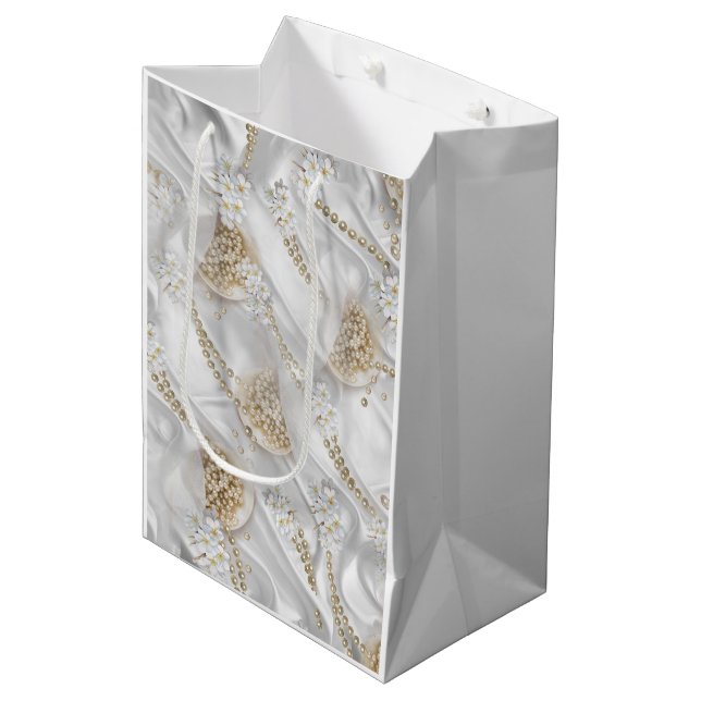 White Silk & Ivory Champaign Pearls Medium Gift Bag (Front Angled)