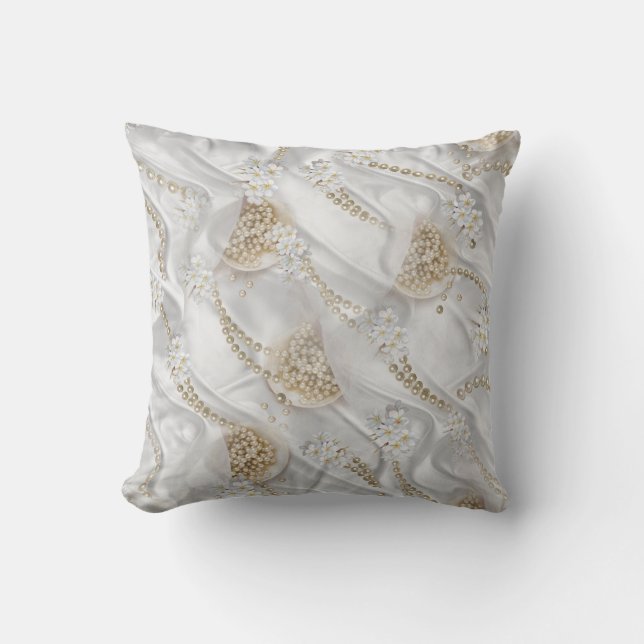 White Silk & Ivory Champaign Pearls Throw Pillow (Front)