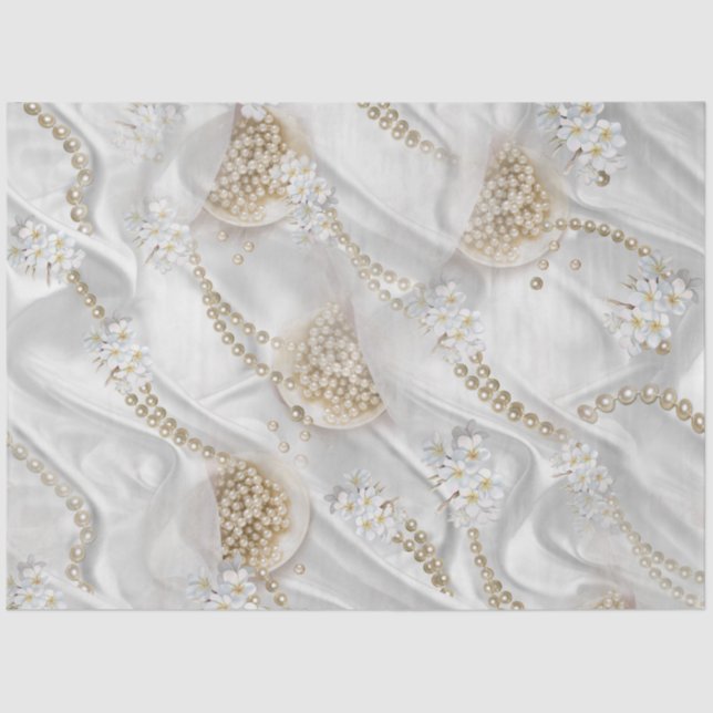White Silk & Ivory Champaign Pearls Tissue Paper (Front)