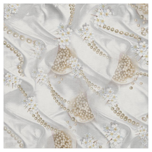 white Silk & Ivory Pearls Fabric (Close Up)