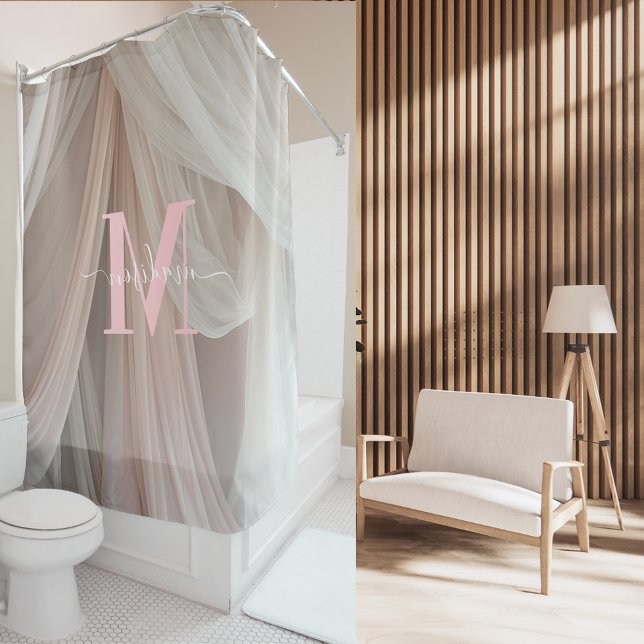White Silk Pink Monogram Elegant Script Wedding Shower Curtain (Creator Uploaded)