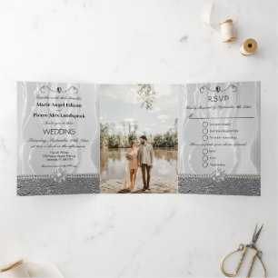 White Silk & Silver Foil & Pearls and Diamonds Tri Tri-Fold Invitation