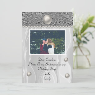 White Silk & Silver Foil with Photo for Bridesmaid Invitation