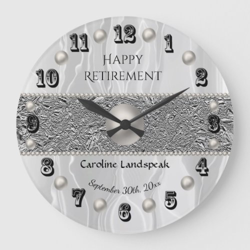 White Silk  White Pearls Happy Retirement  Large Clock