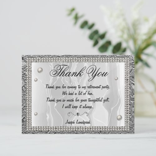 White Silk White Pearls  Silver Thank You  Note Card