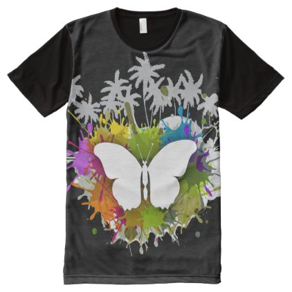 White Silo Butterfly in Paint Splotches with Palm All-Over-Print Shirt