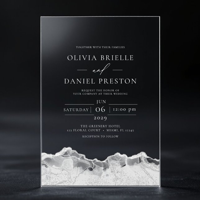White Silver Agate Elegant Modern Wedding Acrylic Invitations (Creator Uploaded)
