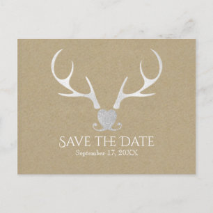 White Silver Antlers & Brow Paper Save The Date Announcement Postcard