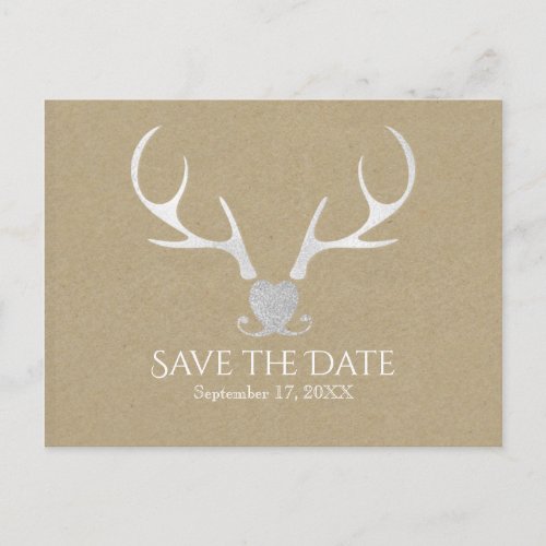 White Silver Antlers  Brow Paper Save The Date Announcement Postcard