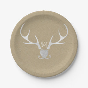 White Silver Antlers & Brown Paper Rustic Wedding Plates