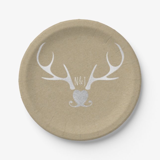 White Silver Antlers & Brown Paper Rustic Wedding Plates (Front)