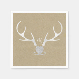White Silver Antlers & Brown Rustic Wedding Napkins