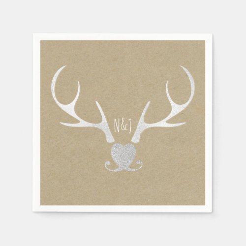 White Silver Antlers  Brown Rustic Wedding Napkins