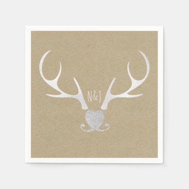 White Silver Antlers & Brown Rustic Wedding Napkins (Front)