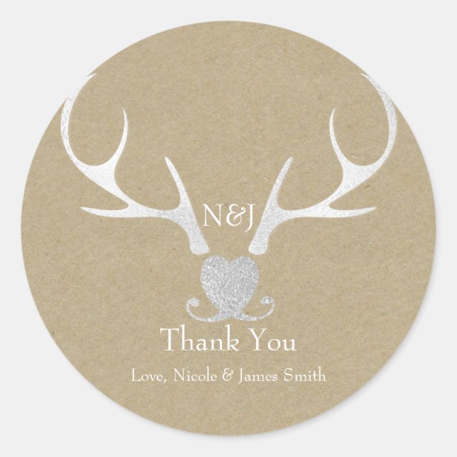White Silver Antlers & Brown Wedding Favor Classic Round Sticker (Front)