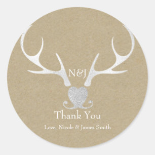 White Silver Antlers & Brown Wedding Favor Classic Round Sticker