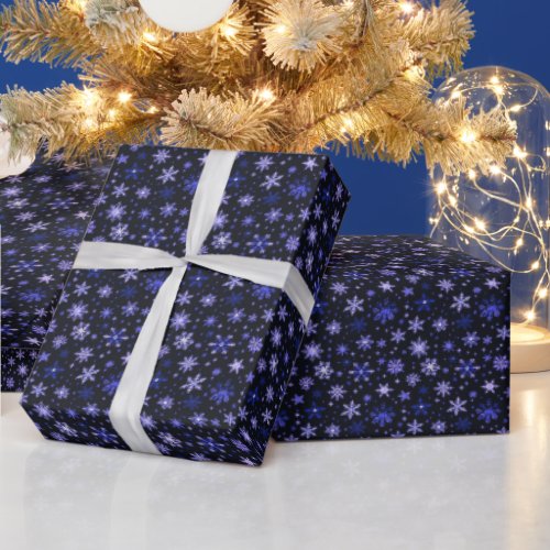 White Silver Blue Snowflakes Black Christmas Wrapping Paper