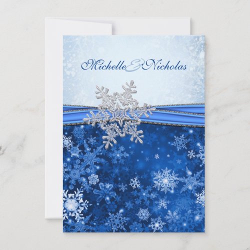 White, silver, blue snowflakes Wedding Custom Announcements