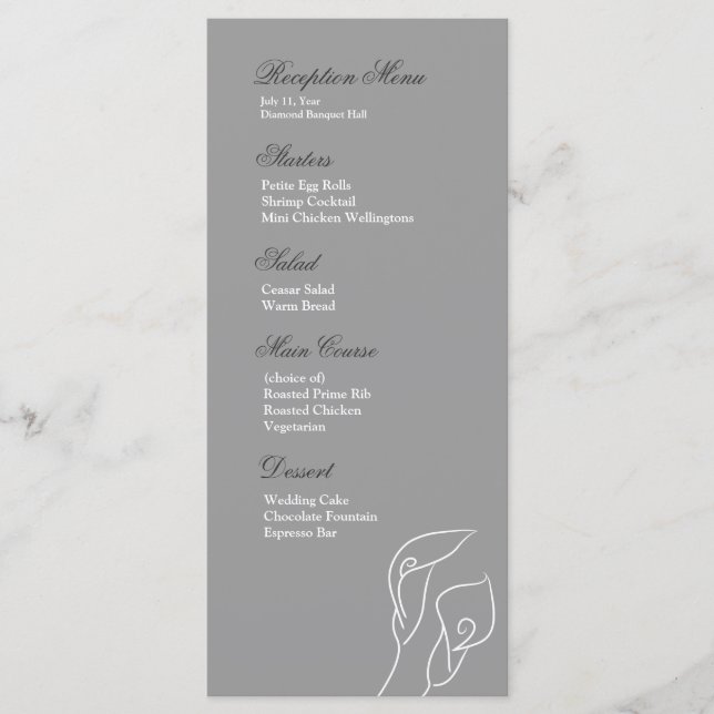 White & Silver Calla Lilies Reception Menu (Front)