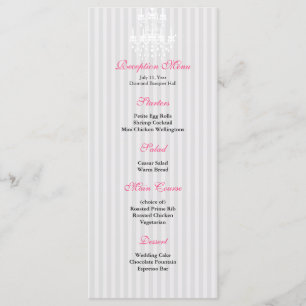 White & Silver Chandelier Striped Reception Menu