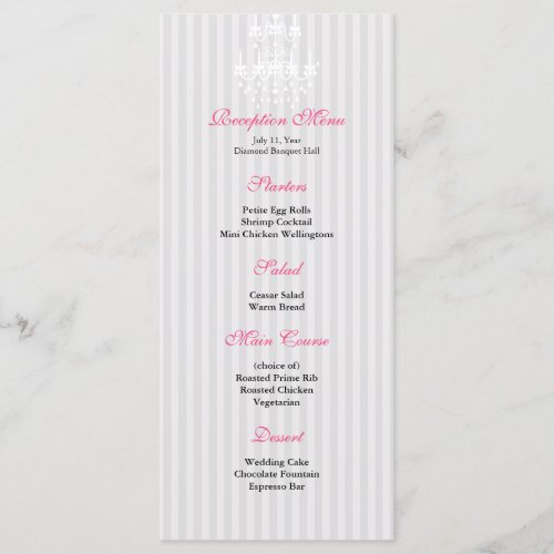 White  Silver Chandelier Striped Reception Menu