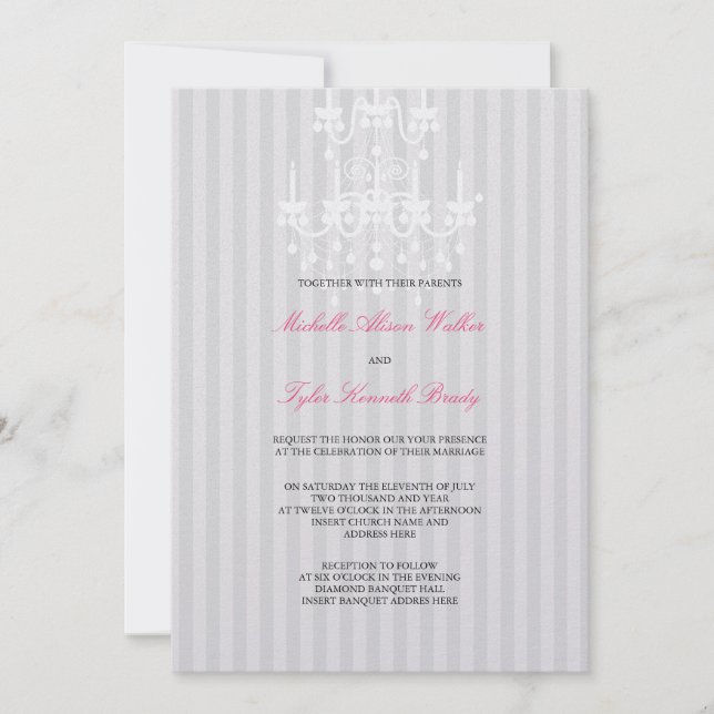 White & Silver Chandelier Stripes Invitation (Front)