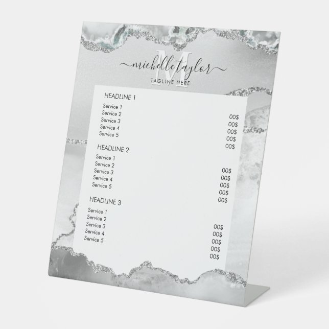 White Silver Chic Price List Service Monogram Pedestal Sign (Front)