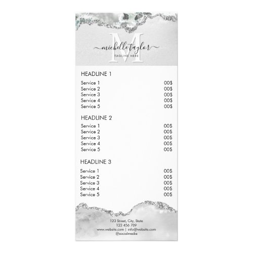 White Silver Chic Price List Service Monogram Rack Card