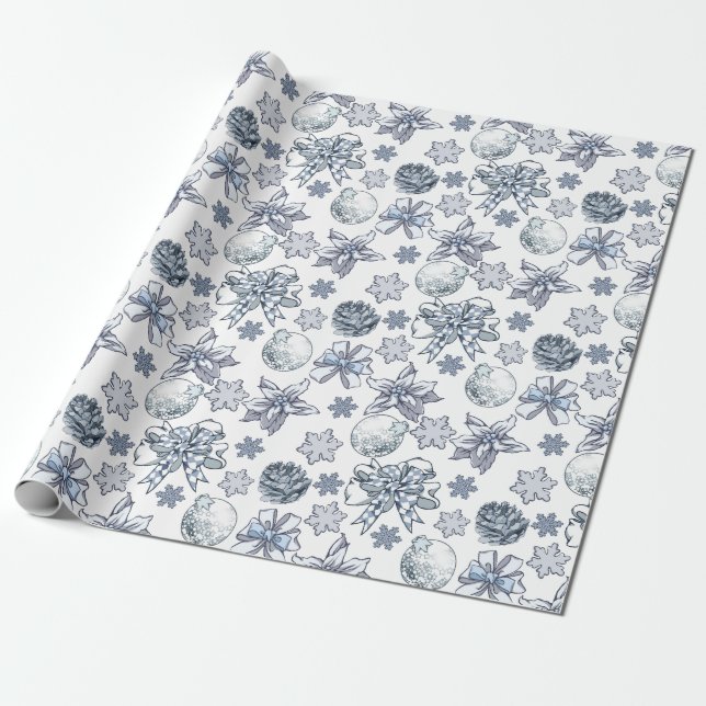 White Silver Christmas Pattern Wrapping Paper (Unrolled)