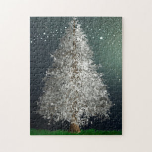 White Silver Christmas Tree, Bright Stars Jigsaw Puzzle