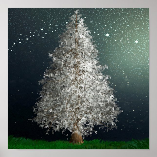 White Silver Christmas Tree, Bright Stars Poster (Front)