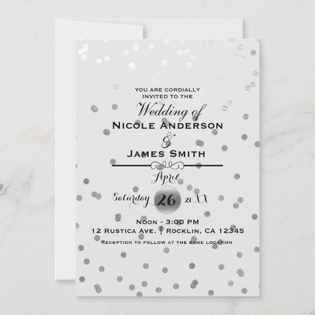 White Silver Confetti Dots Elegant Modern Wedding Invitation (Front)