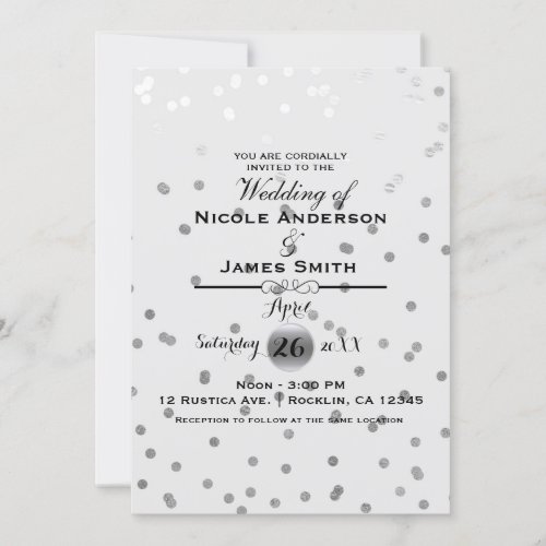 White Silver Confetti Dots Elegant Modern Wedding Invitation