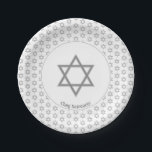White Silver Customizable | STAR OF DAVID Paper Plates<br><div class="desc">Elegant white STAR OF DAVID Paper Plates, showing with silver gray Magen David in a tiled pattern. At the center, there is an image of a larger Star of David, which is CUSTOMIZABLE, so you can upload your own image. Underneath, the text reads CHAG SAMEACH. This is also customizable so...</div>