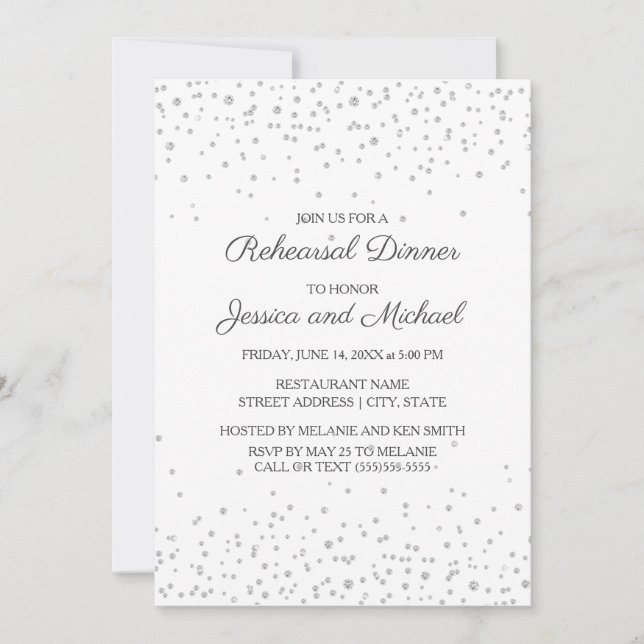 White Silver Diamond Glitter Wedding Rehearsal Invitation (Front)